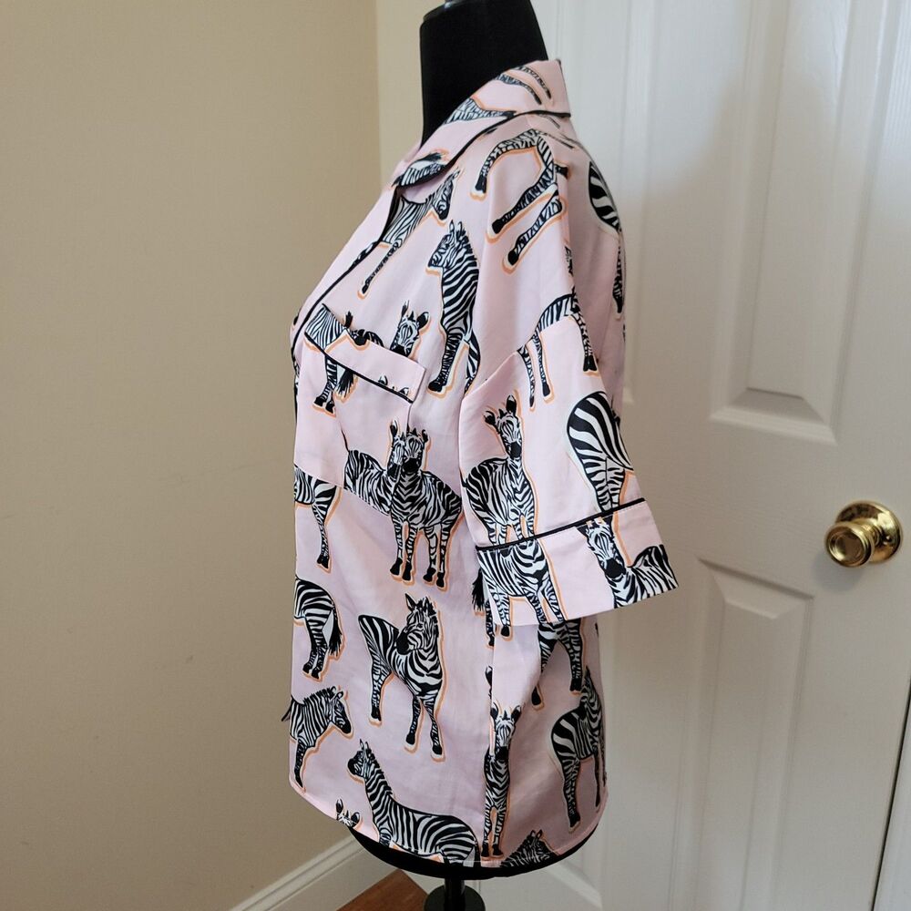 River Island Satin Light Pink With Zebra Short Sleeve Pajama Top Size M - Picture 2 of 6